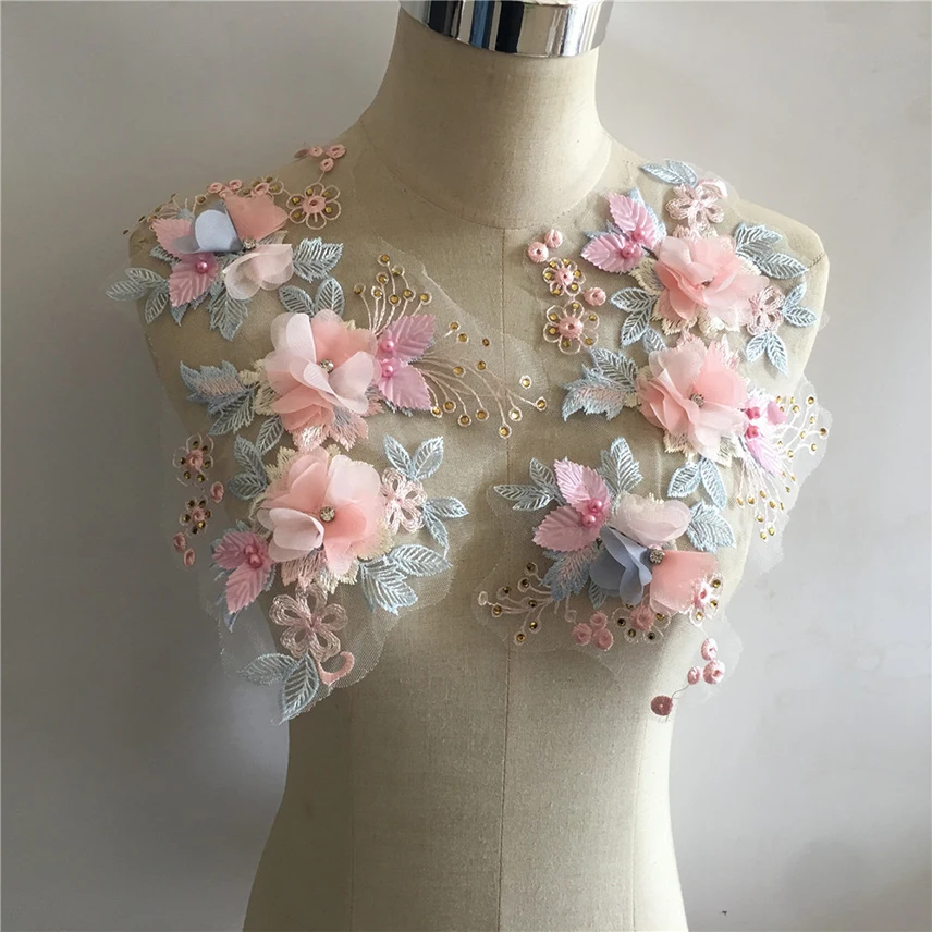 Bordado de flores, perlas, cuello de encaje, apliques de ropa, adornos de costura, tela de tul, decoración de vestidos, telas de encaje de