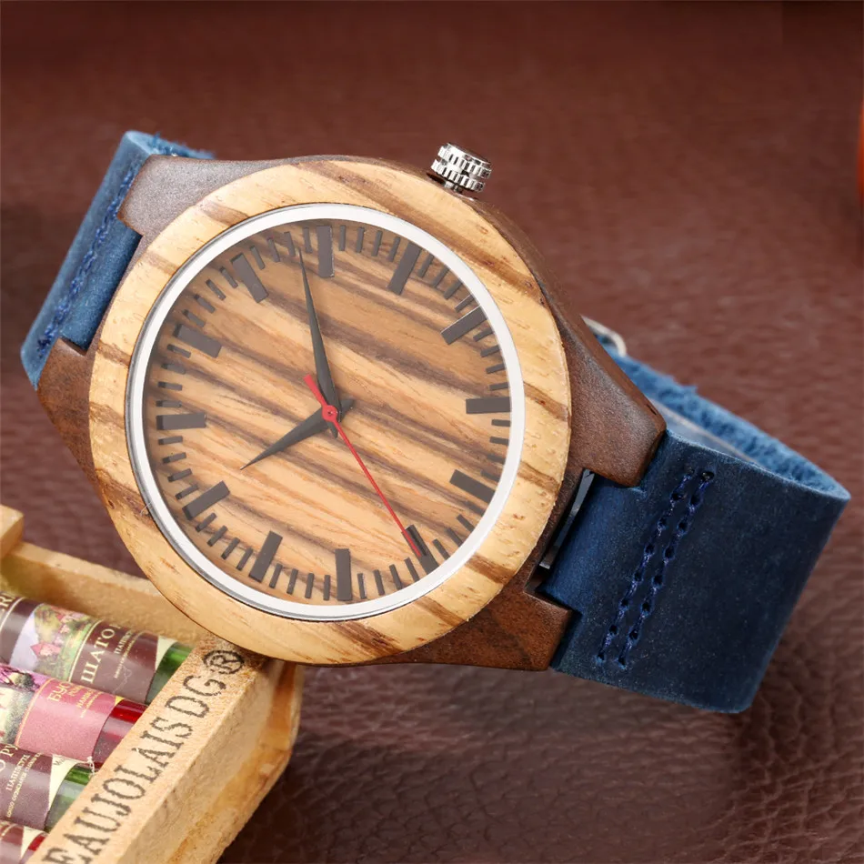 Classic Zebra Wood Men Watch Red Seconds Display Blue Genuine Leather Quartz Mens Wristwatch