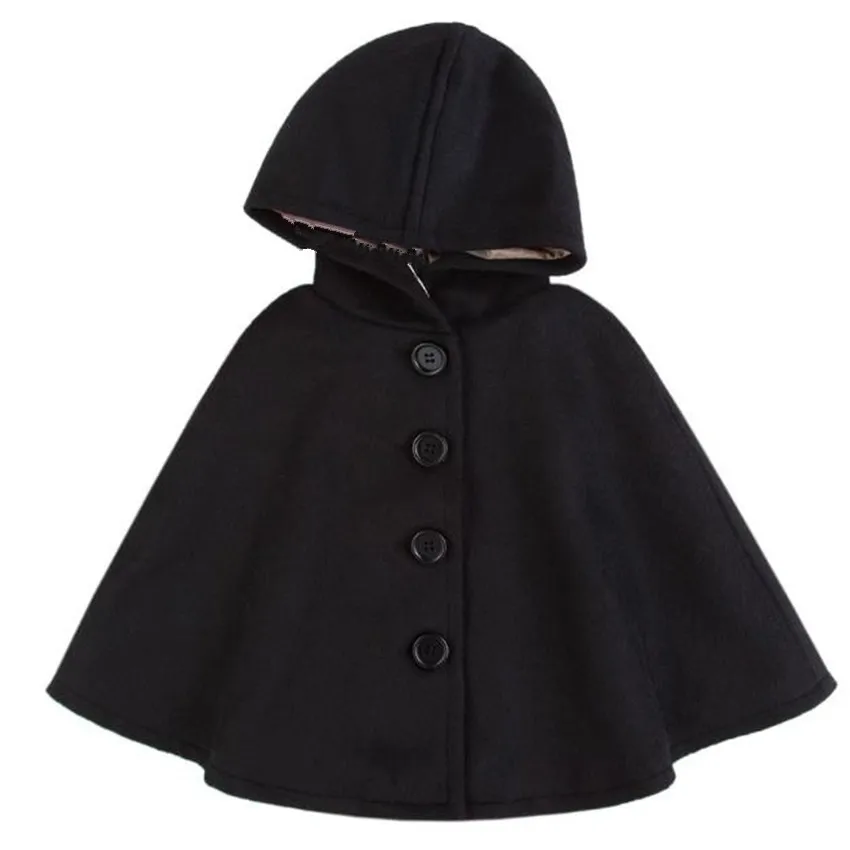 

Baby girl autumn winter England style black woolen cloak overcoat kids hooded fashion cape shawl outwear