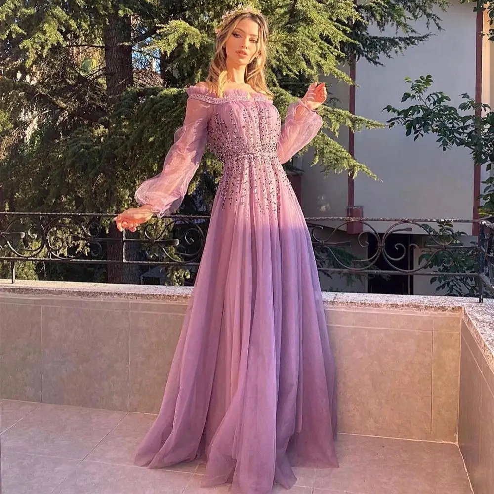 

LSYX Customized Evening Dress A-Line Boat Neck Full Puff Sleeve Ruched Sequined Beads Floor Length Purple Prom Party Gown