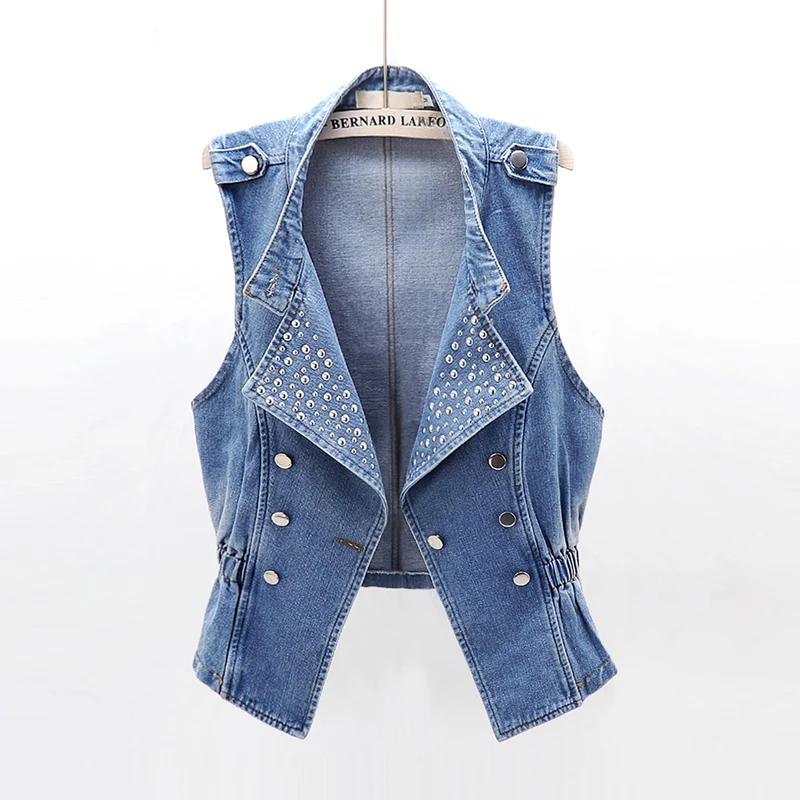 

Sleeveless Vest Women Denim Jacket Spring Autumn Slim Riveting Vintage Short Denim Vests Casual Female Jeans Jackets Waistcoats