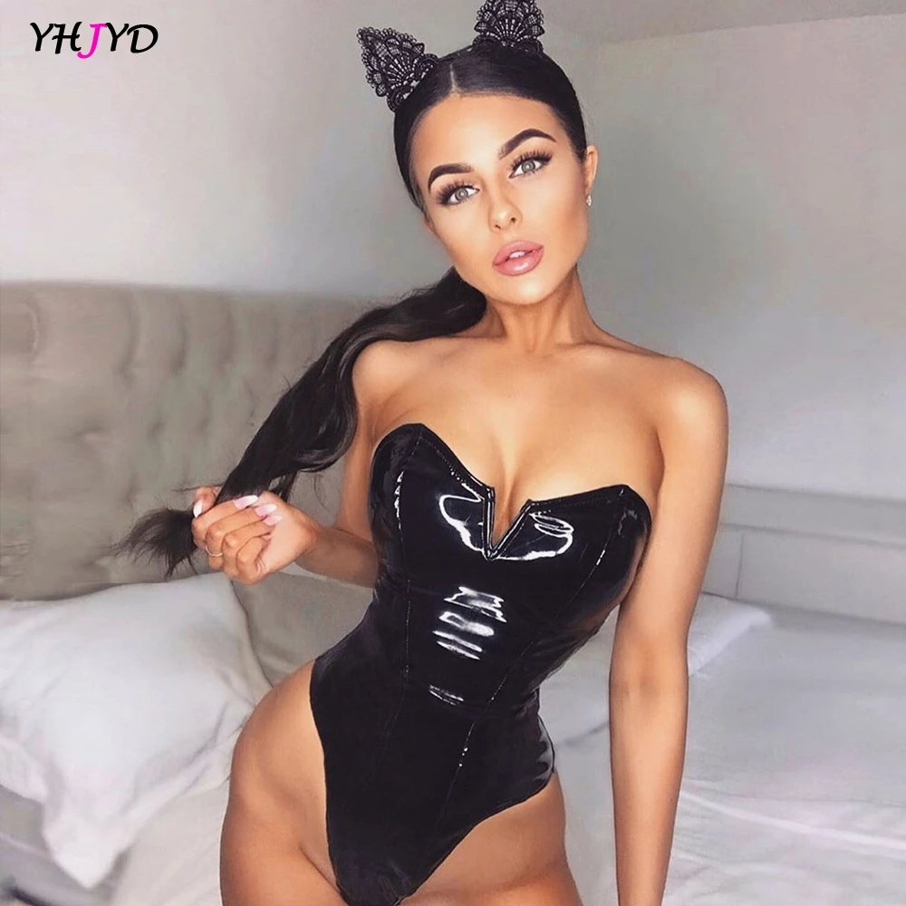 Sexy Strapless Off Shoulder Bodysuit Women Push Up Bodycon Black Zipper PU Bodies Women's Club Party Outfit Vinyl Bodysuits 2023