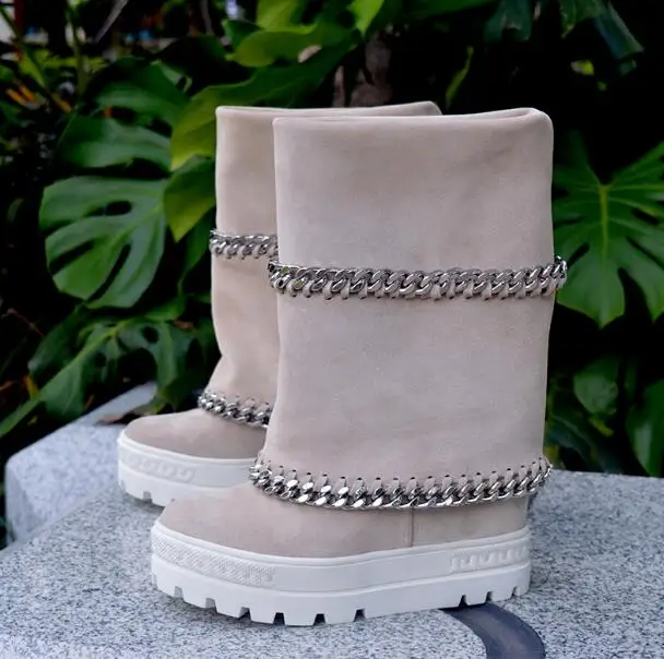 

Newest Woman Black Beige Chains Mid-calf Boots 8 cm Hidden Wedge Thick Sole Platform Slip On Fold Short Boots Shoes