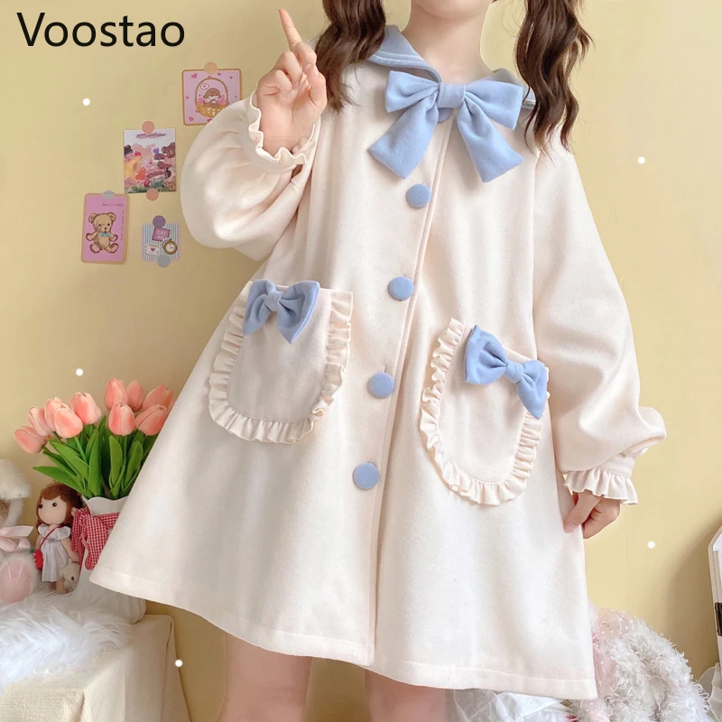 Autumn Winter Sweet Lolita Style Woolen Coats Preppy Chic Sailor Collar Bow Pocket Loose JK Uniform Jackets Women Kawaii Outwear