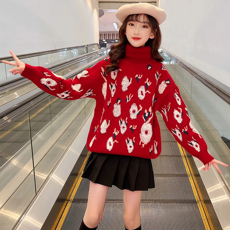 Teenage Girls Sweaters Winter Autumn Red Warm Kids Christmas Pullover Knitted Clothes Girls New Year Coat For 4 6 8 10 12 13Year