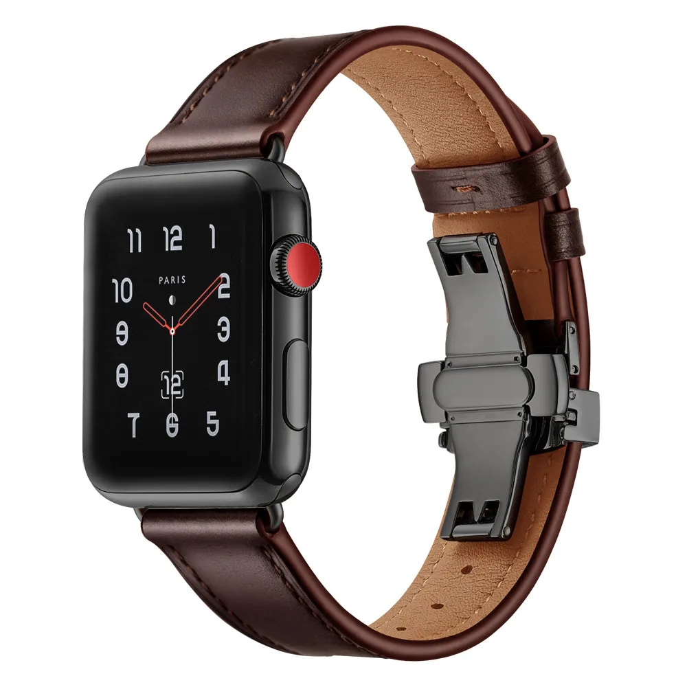 Pop Design Oil wax Leather Strap for Apple Watch SE Band Series 6 5 4 3 Butterfly Buckle Bracelet for iWatch 40mm 44mm 38/42mm