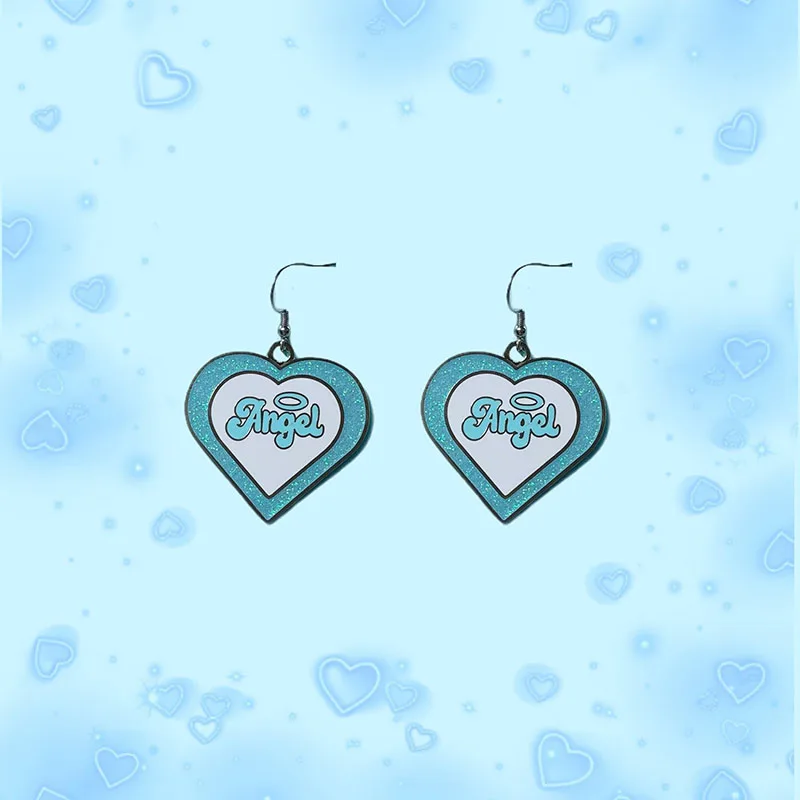 Pink heart earrings for teenage egirls blue moon letter dangling earrings cute kawaii jewelry y2k jewelry