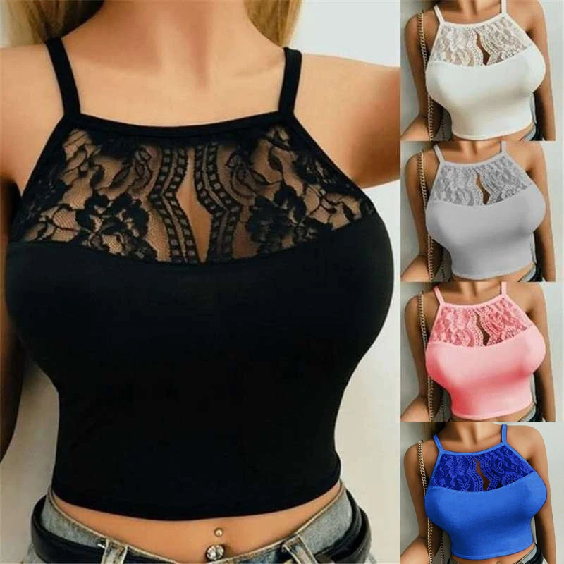 New Women Holow Out Lace Camisole Short Sling Vest Sleeveless T-Shirt Tank Top Solid Color Elastic Crop Tops S-5XL