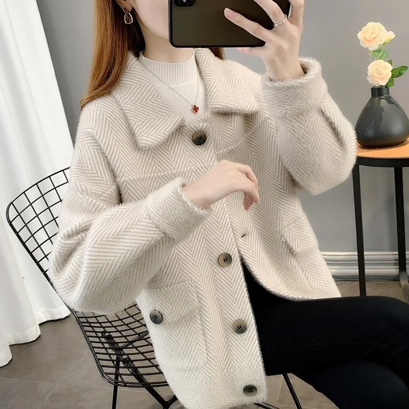 Korean Autumn Winter Thick Striped Mink Cashmere Woolen Coat Women Student Outerwear Loose Short Big Pocket Woolen Jacket Female