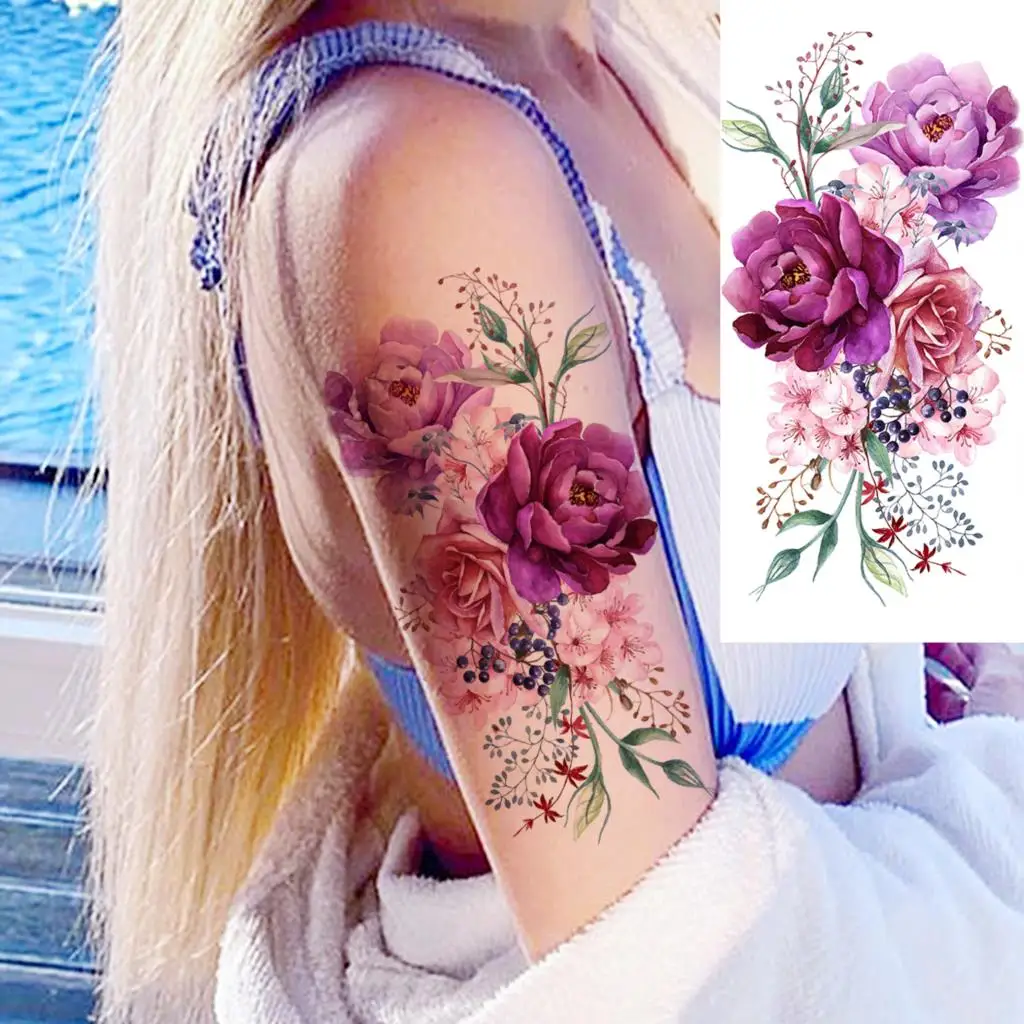 3D Watercolor Rose Peony Flower Temporary Tattoos For Women Adult Hummingbird Realistic Fake Tattoo Sexy Half Sleeve Tatoo Decal