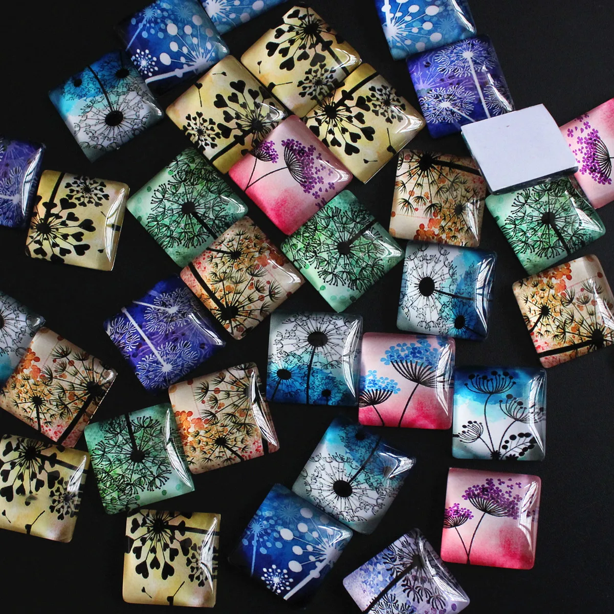 Onebeading from 10mm to 25mm  Random Mixed Dandelion Flower Square Pattern Glass Cabochons Flatback Photo DIY Accessories Paird