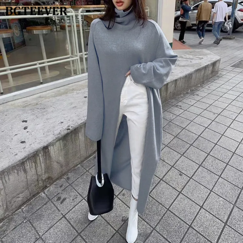 BGTEEVER Fashion Turtleneck Split Long Women Sweater 2020 Autumn Winter Knitting Tops Elegant Loose Female Knitted Pullovers