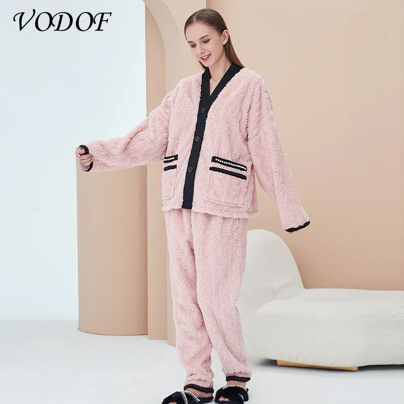 2021 Autumn and Winter Thick Coral Fleece Long-sleeved Cartoon Pajamas Thin Flannel Pajamas Set Warm Flannel Women Pajamas Set