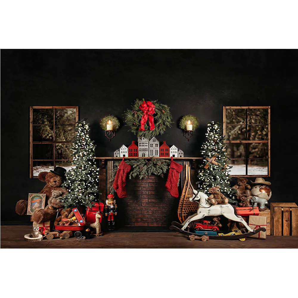 Christmas  Photography Backdrop Fireplace Windows Red Sock Background Christmas Tree Gift Toys Winter Newborn Photographic Props