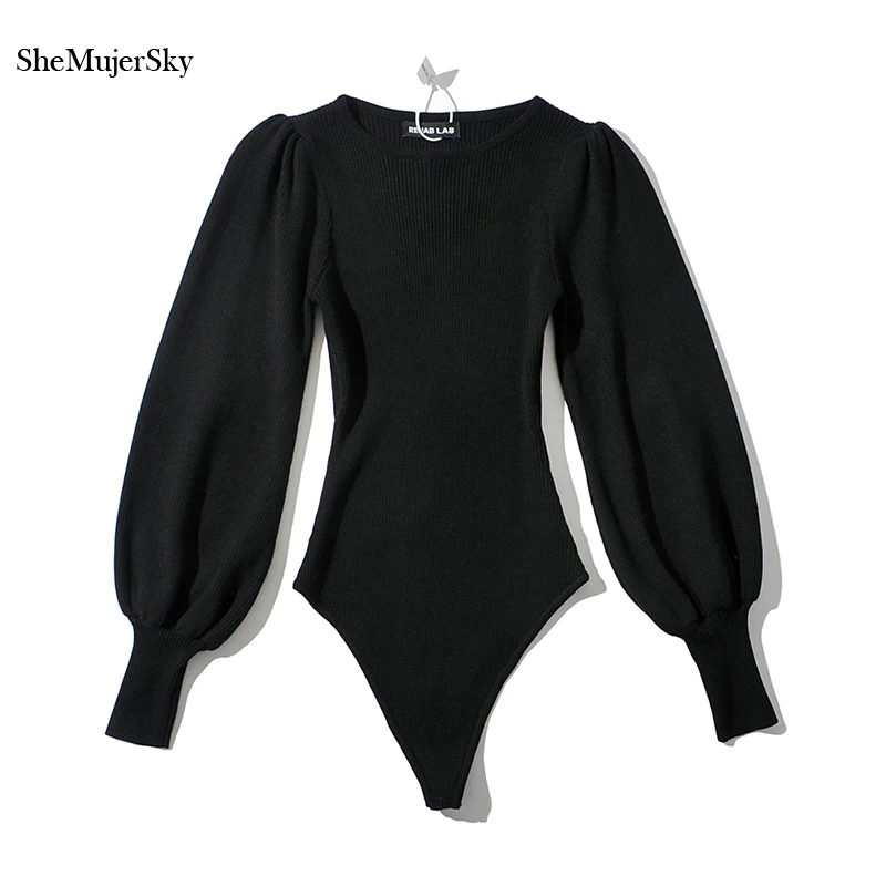 SheMujerSky Women Knitted Solid Color Bodysuits Puff Sleeve Elastic Slim Jumpsuits 2021 Long Sleeve Bodysuit