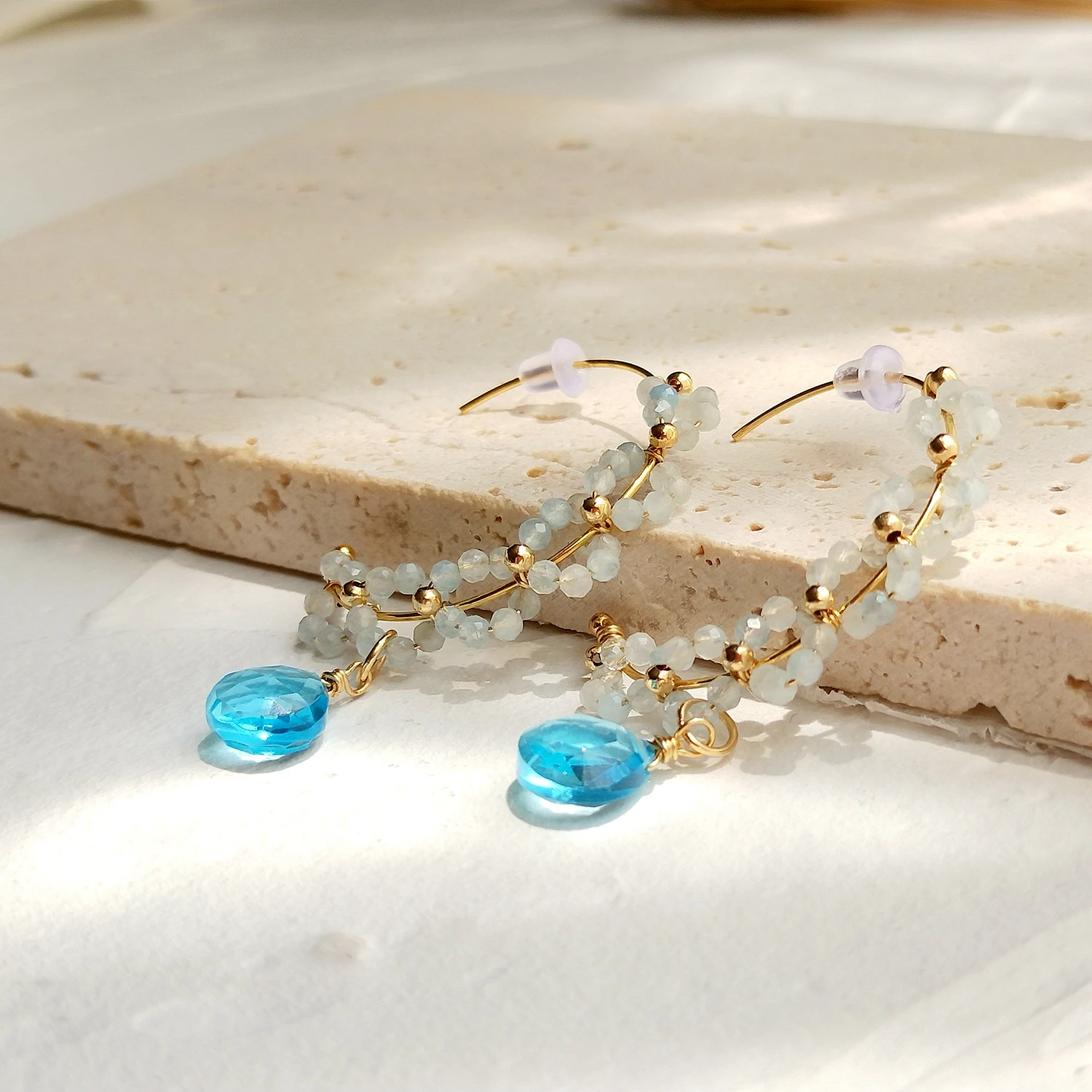 Lii Ji Natural Aquamarine Light Blue Quartz 14K Gold Filled Hoop Earrings Handmade Jewelry For Women Gift