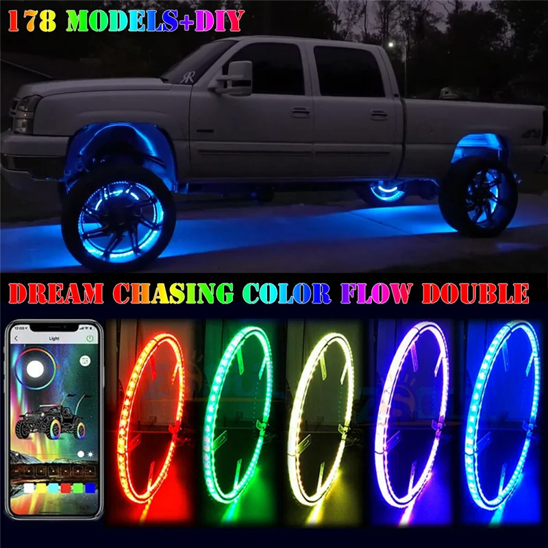 Dream Chasing Color Flow 15.5‘’ Double Row Led Wheel Ring Lights Car Tire Lights Blue-Tooth APP Control 178 Models DIY Colors