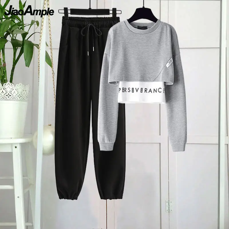 Women's Tracksuit Autumn 2021 New Top Pants Suit Korean Fashion Elegant Short Sweater Trouser Two-piece Set Female Sportwear