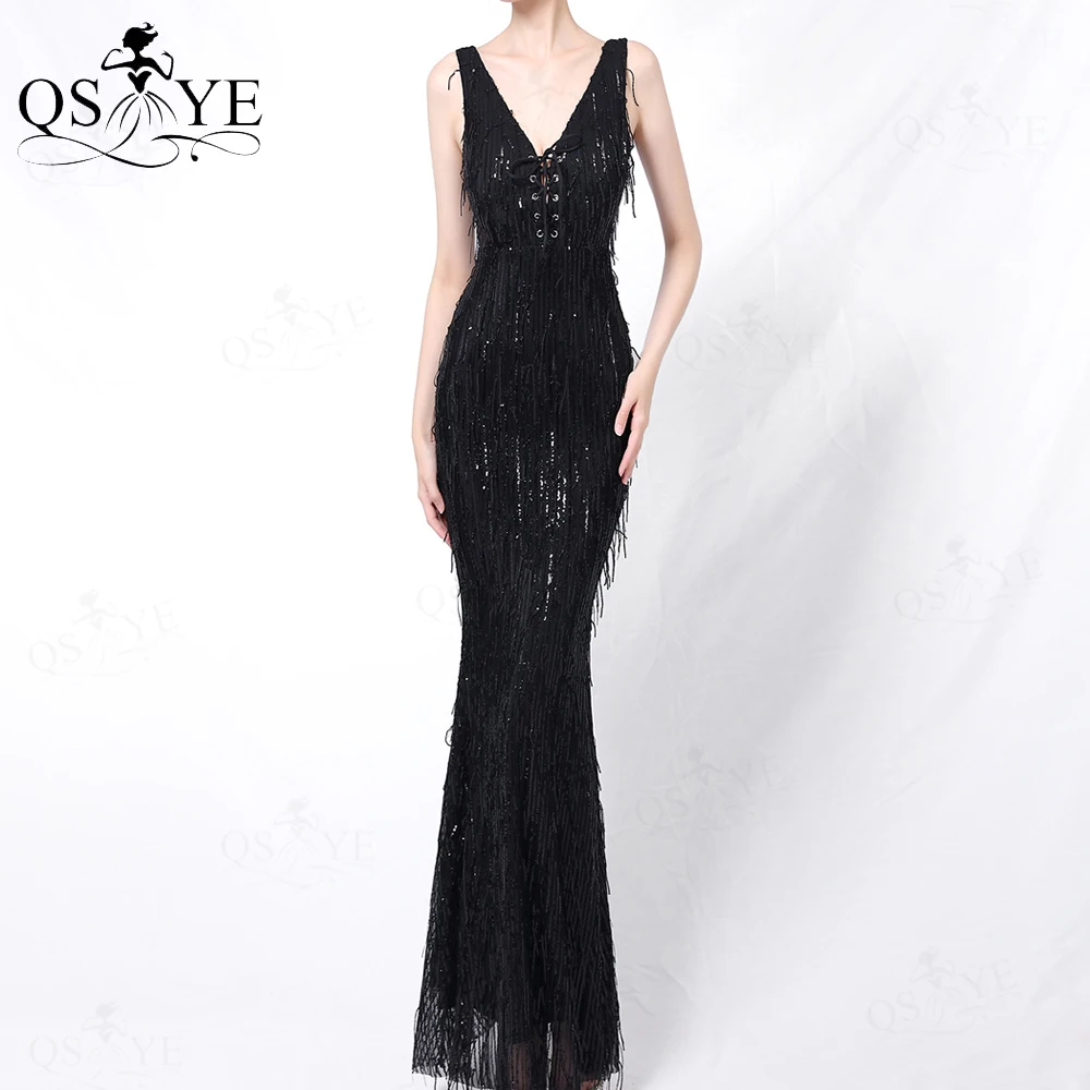 

Black Feather Evening Dresses Sleeveless Sequin Mermaid Long Party Gown Elastic Formal Dress Lacing Crisscross Celebrity Gown