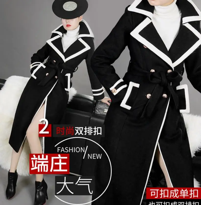 X-long Suit fabric jacket female autumn temperament long sleeve over the knee Hepburn double breasted Lapel belted jacket F372