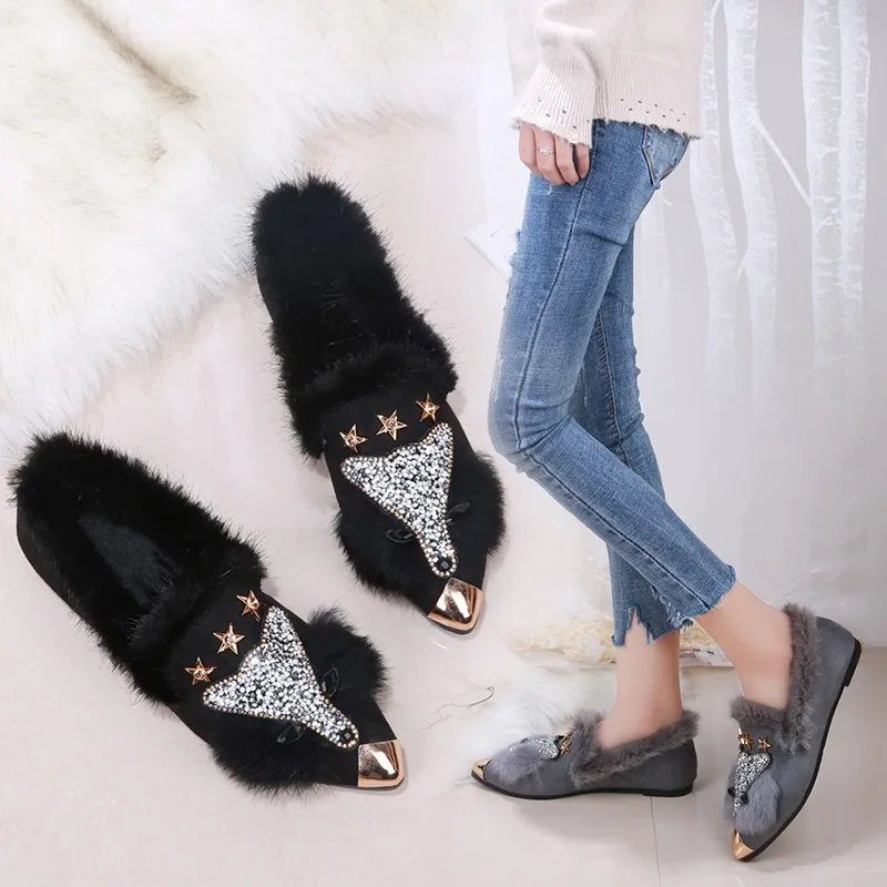 Plush Women Winter Flat Shoes Autumn and Winter Rhinestone Ladies Flat Casual Shoes Winter Fur Slip on Loafers