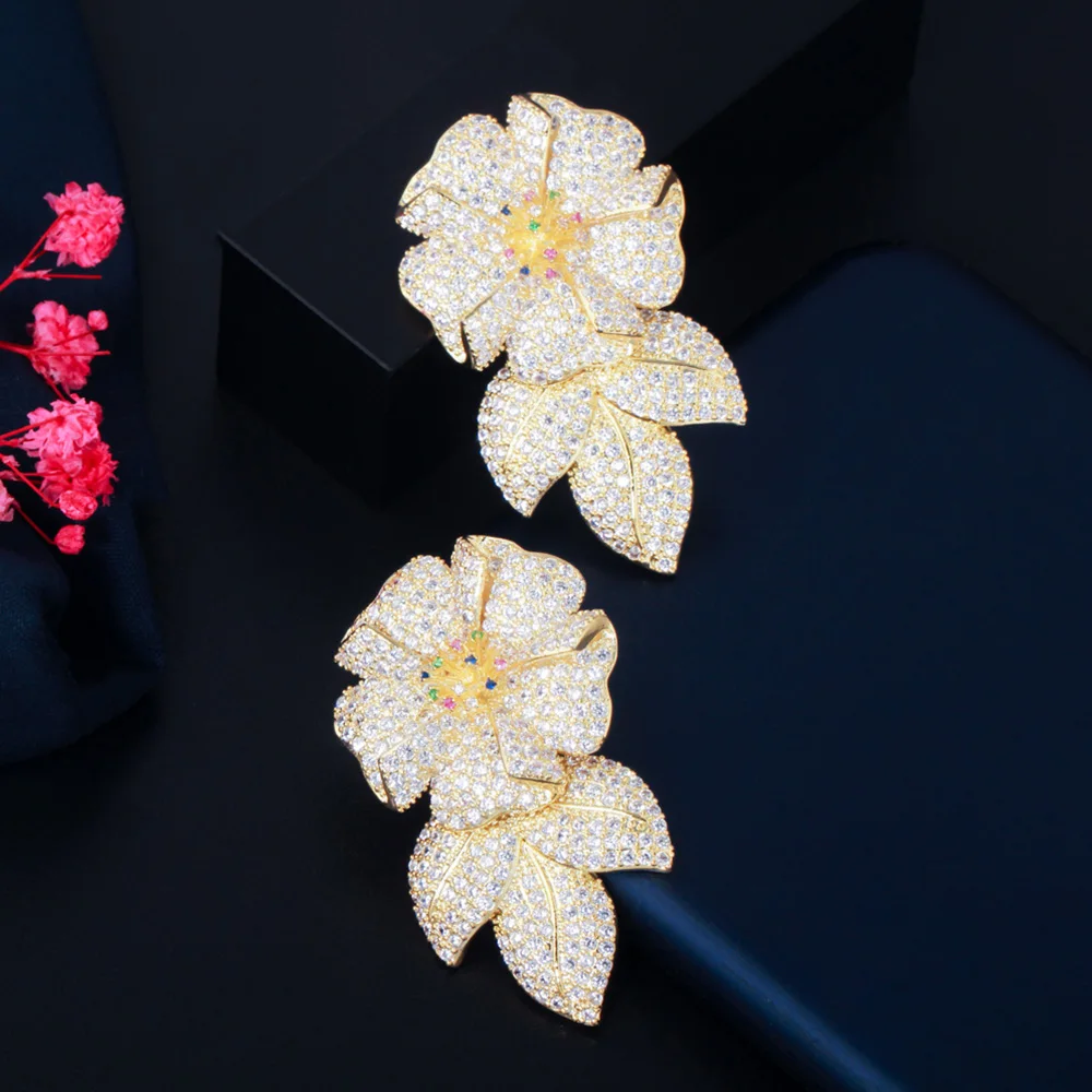 Pera Luxury Dubai Gold Color Large Flower Leaf Drop CZ Zircon Women Banquet Party Long Dangle Earring Statement Ear Jewelry E767