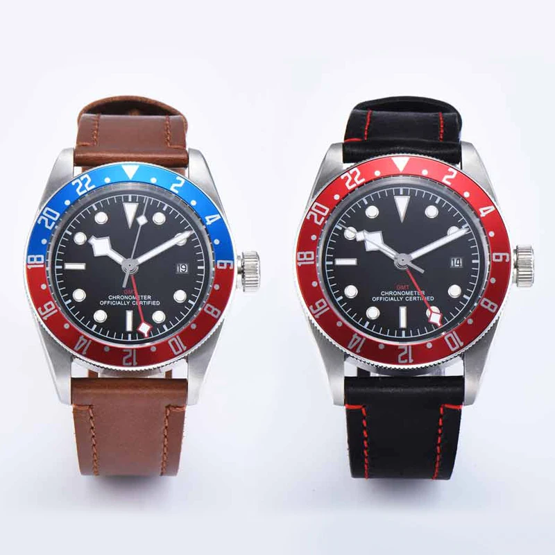 Mens GMT Watch 41mm Mechanical Wristwatches Sapphire Automatic Military Calendar Swim Clock Leather Waterproof Luminous No Logo