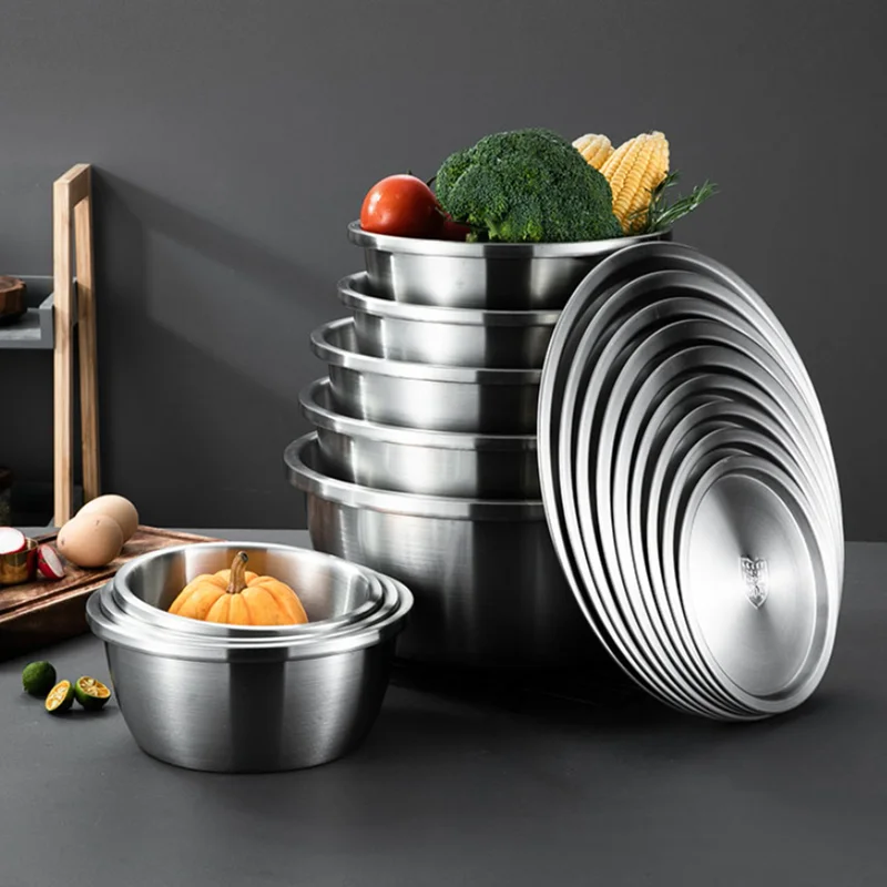 Stainless Steel Salad Bowls with Lid Fruit Vegetables Soup Bowl Tableware Cream Egg Mixer Food Container Kitchen Cooking Tools