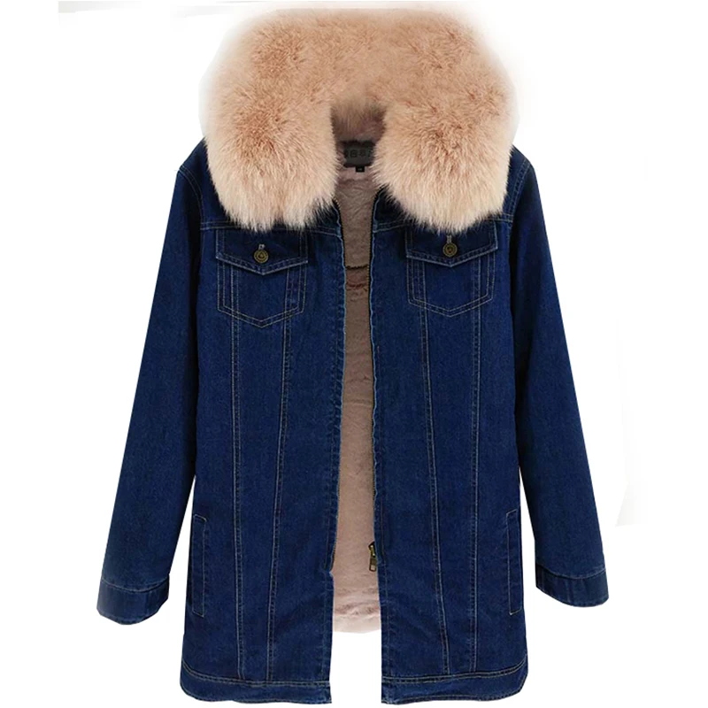 Winter denim jacket loose pie over fur, casual fox fur collar mid-length jacket, detachable lining, ladies overcoming