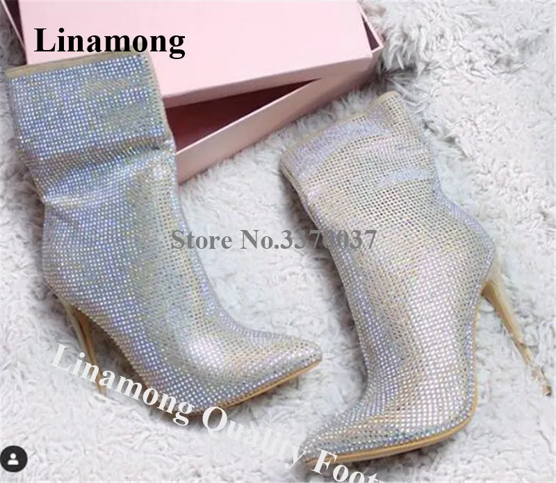 

Linamong Charming Bling Bling Pointed Toe Stiletto Heel Short Boots Silver Crystal Side Zipper-up High Heel Ankle Booties Heels