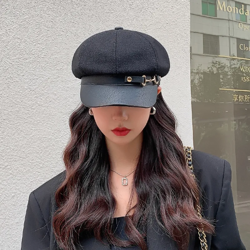 Panama Women\'s Octagonal Beret Leather Buckle Autumn Winter Retro Newsboy Painter Hat Fashion Outdoor Warm Cap K257