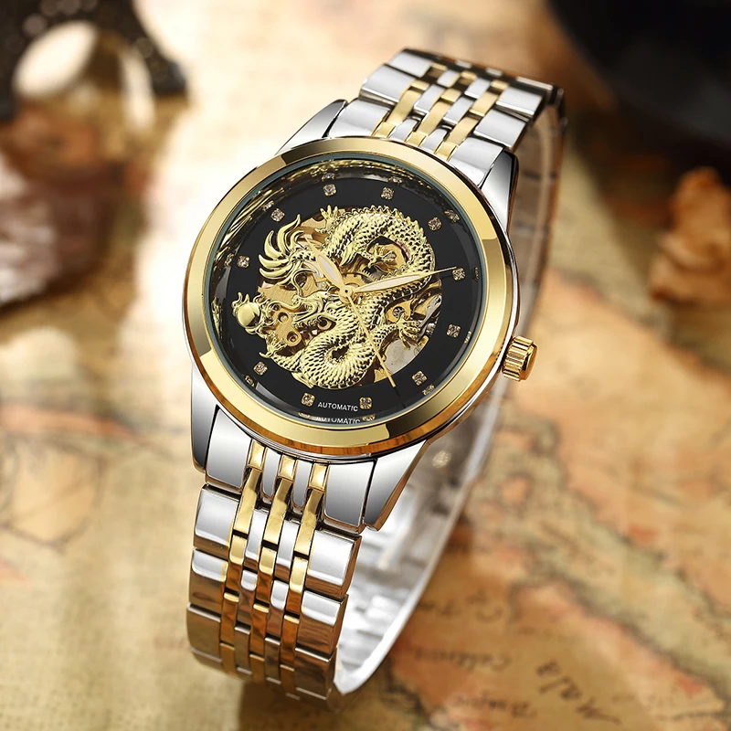 Relojes de dragón grabados para hombre, Reloj de pulsera mecánico automático dorado de acero inoxidable, manos luminosas, Reloj de esqueleto