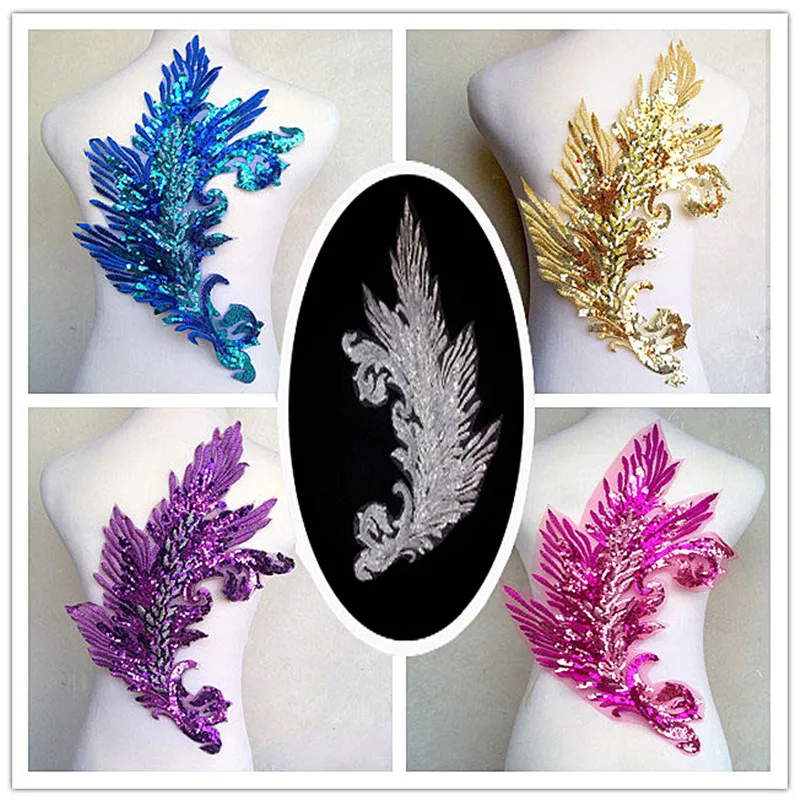 2 pairs/25*40cm sequin embroidery peacock and phoenix feathers and phoenix tail cloth stickers  performance accessories