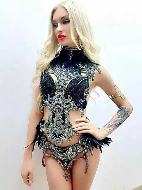 

Black Feather Bright Sequins Bodysuit Stage Dancewear 4 Pieces Costume Female Singer Prom Wear Fashion Show Dj Outfit Clothing