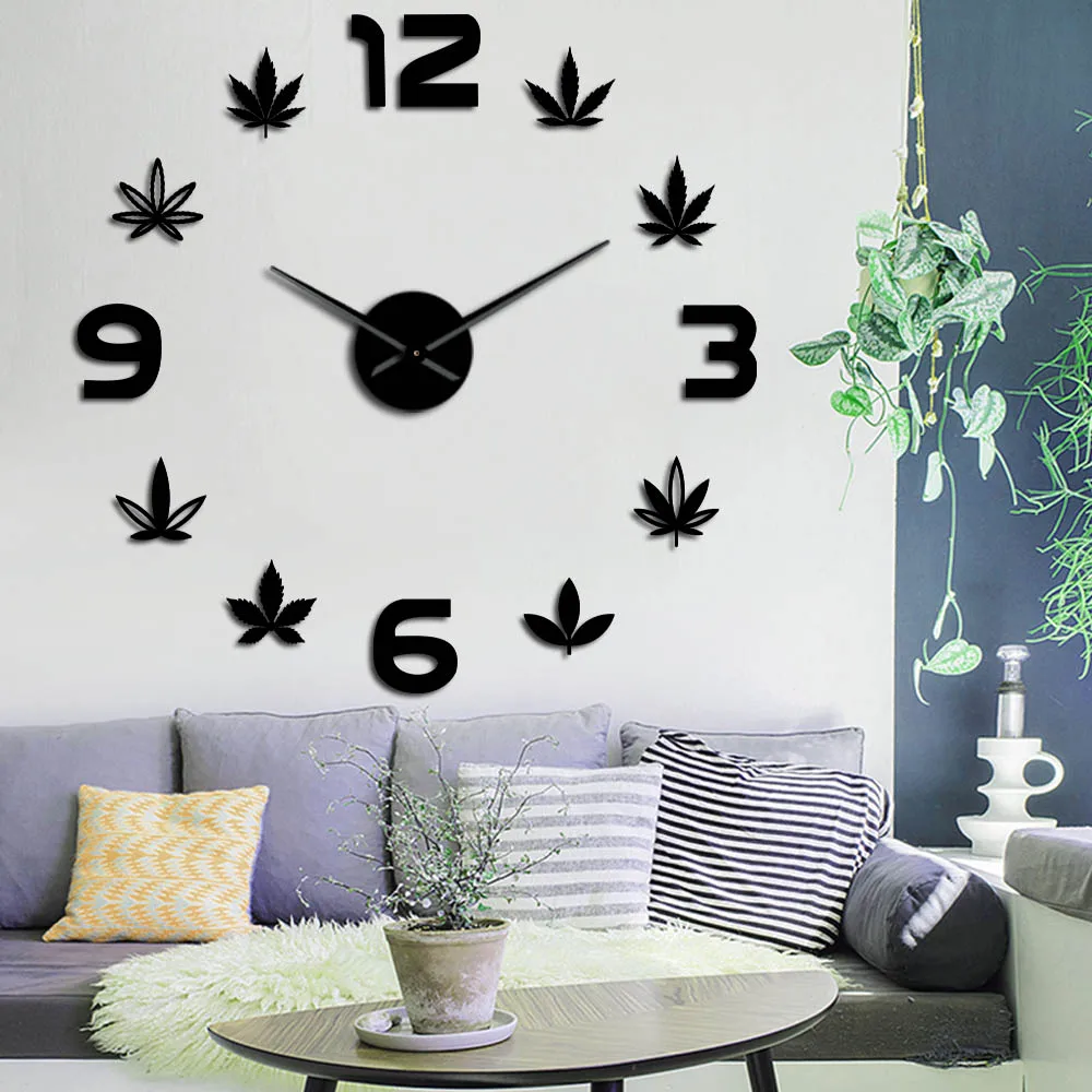 Weed Leaf DIY Large Wall Clock Silent Marijuana Leaf Frameless Wall Watch Green Artistic Herbal Medicine Wall Art Home Decor