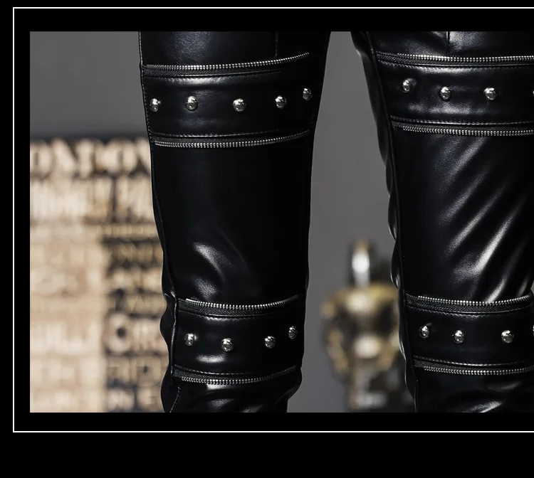 Idopy Men`s Faux Leather Pants Punk Style Skinny Party Stage Performance Studded Night Club Steampunk PU Trousers With Rivet