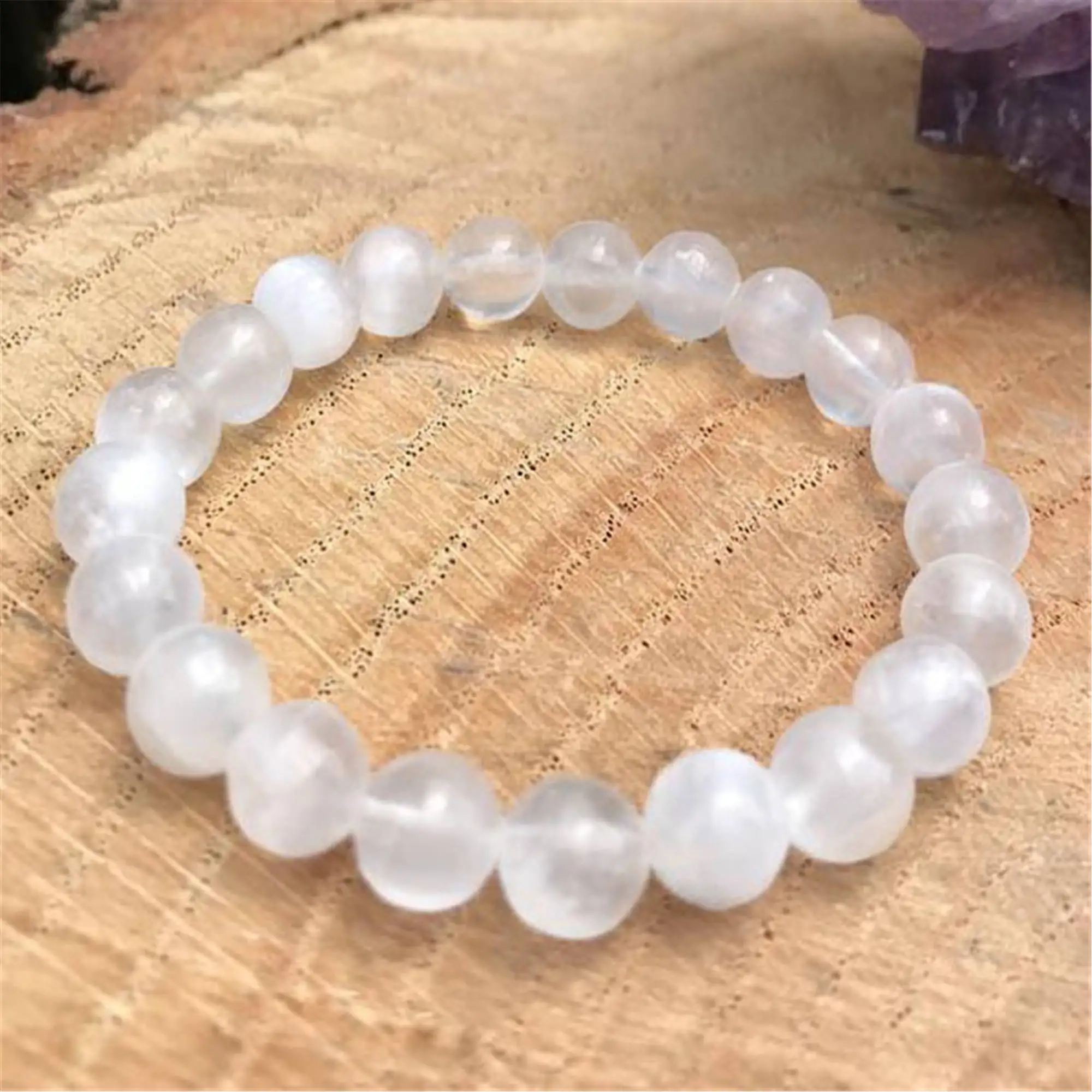 8mm Natural Selenite Handmade Mala Bracelet Meditation Healing Reiki Ruyi Buddhism Stretchy Chakas Cuff