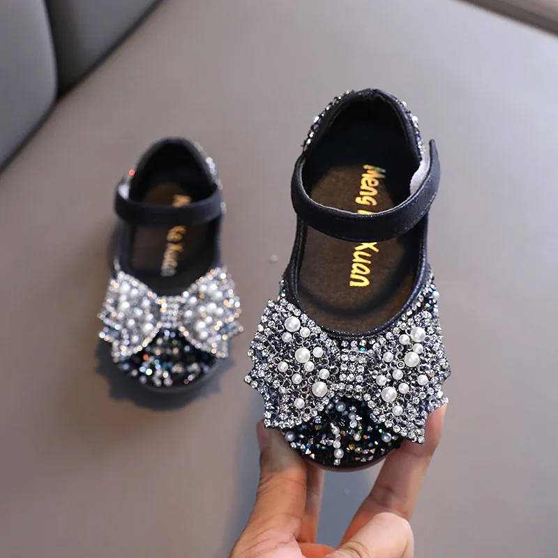 Spring Girls Leather shoes Fashion Children Performance Wedding Shoes Princess Square Rhinestone Bow Single Shoes G14