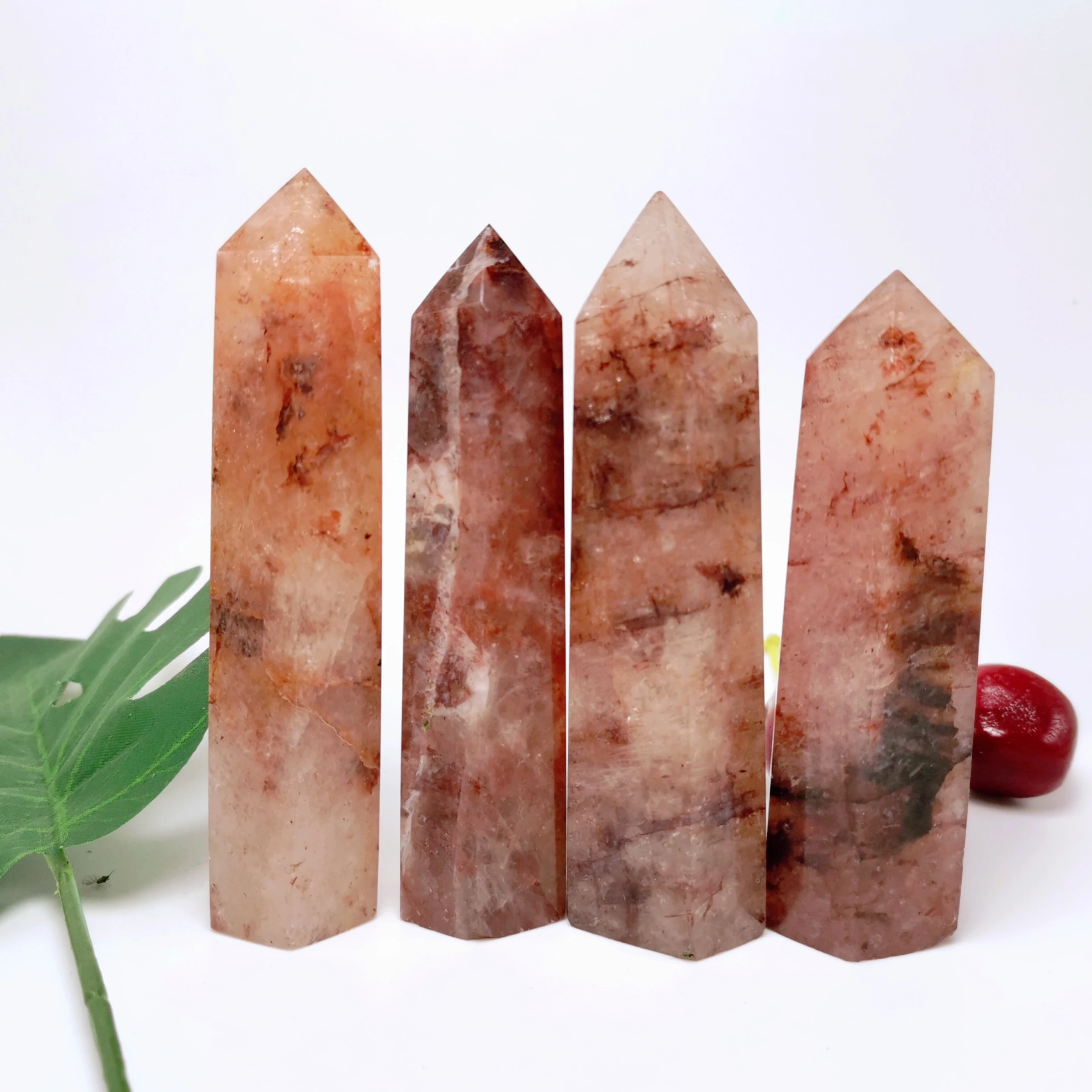 2Pcs Beautiful Natural Fire Guartz Gemstone Point Reiki Healing Wand Quartz Crystal Wand Decoration