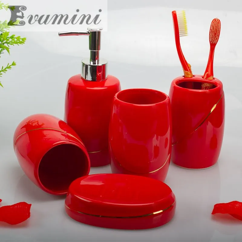 Prezent ślubny do łazienki / zestaw czerwonych ceramicznych artykułów łazienkowych / zestaw do mycia toalety / dozownik mydła, uchwyt na szczoteczkę do zębów, płyn do płukania ust Cu