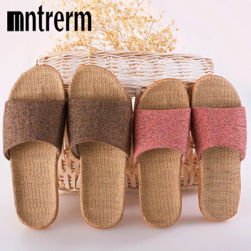 Mn Women's  Flax Slippers Beach Flip Flops Indoor Non-slip EVA Mute Hotel Linen Slippers Women Slides Home Shoes Flat Sandals