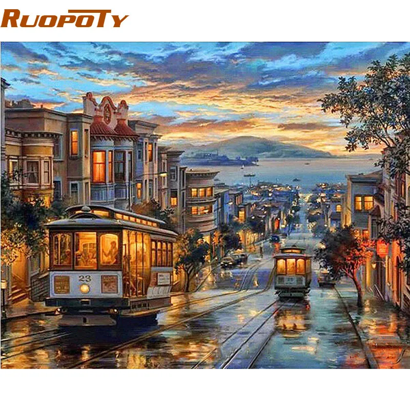 RUOPOTY Frame City Night Bus Diy Oil Painting By Numbers Landscape Modern Wall Art Canvas Painting Unique Gift Wall Artwork