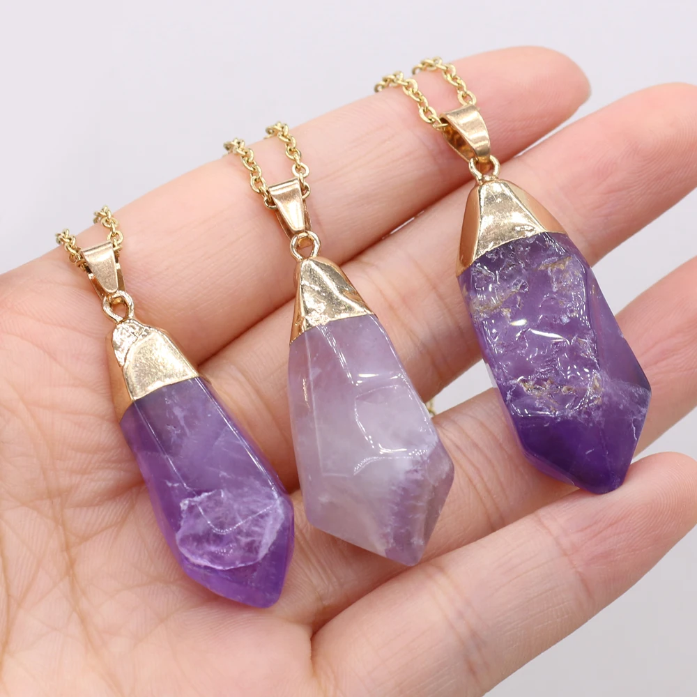 5PCS Wholesale Reiki Healing Natural Stone Rough Amethyst Pendant Necklace For Women Jewelry Fashion Necklaces Charm Gift