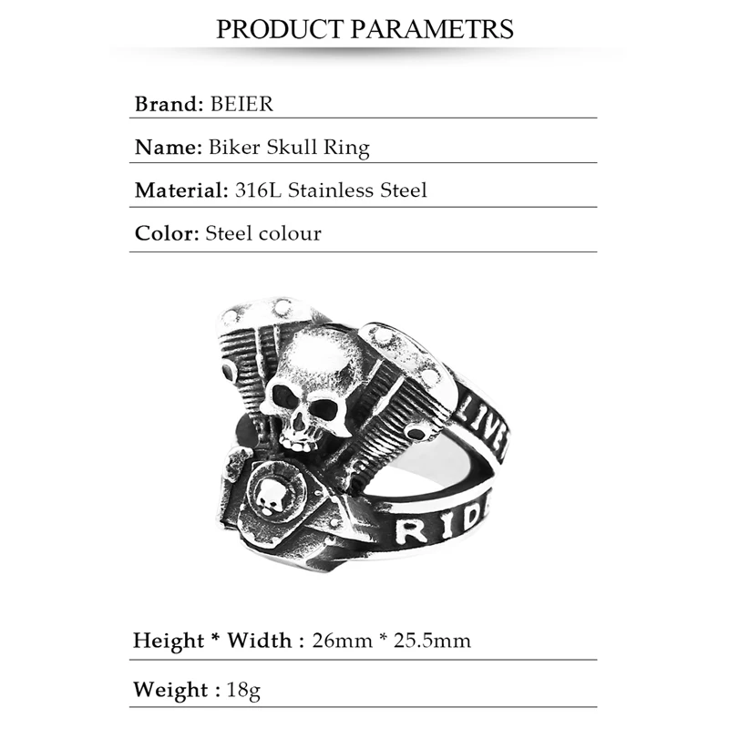 BEIER new arrive 316L Stainless Steel ring high quality  Punk skull biker for men fashion Jewelry gift BR8-668