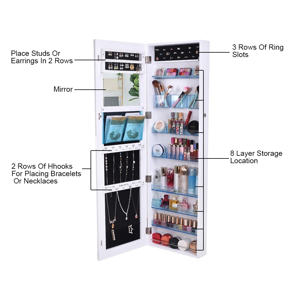 Full Mirror Makeup Mirror 8-layer Acrylic Storage Cabinet Solid Wood Covered Jewelry Mirror Cabinet White US warehouse