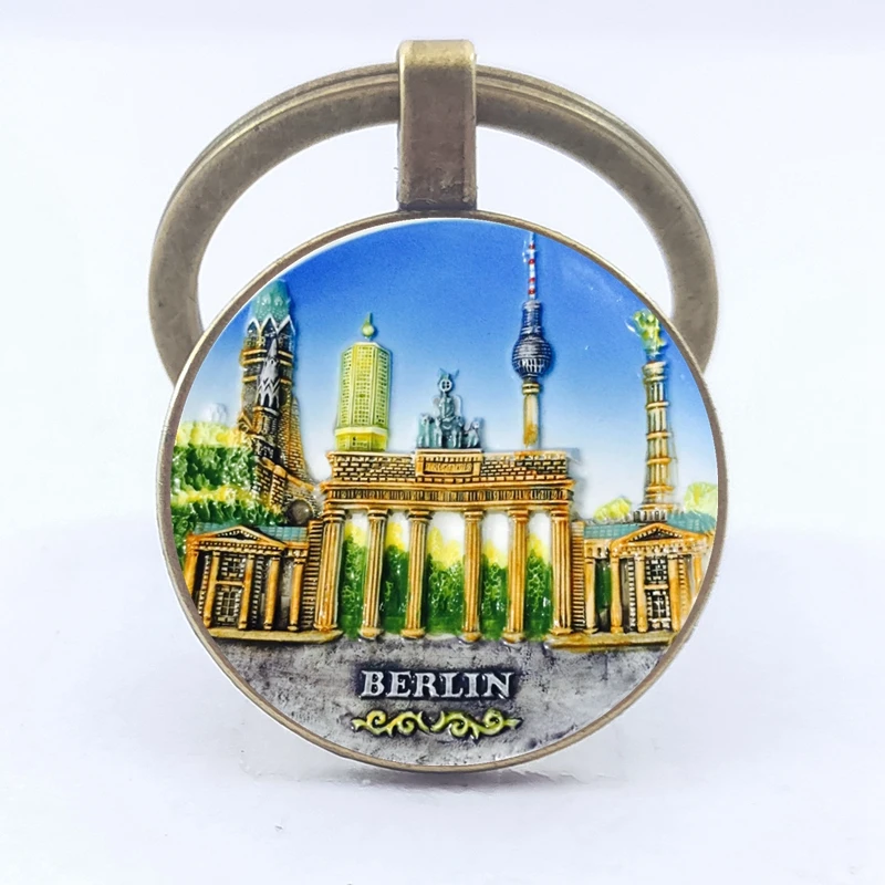 Charm 25MM Keychain Europe Mediterranean Greece Spain France Glass Drawing Keychain Men and Women Jewelry Gifts