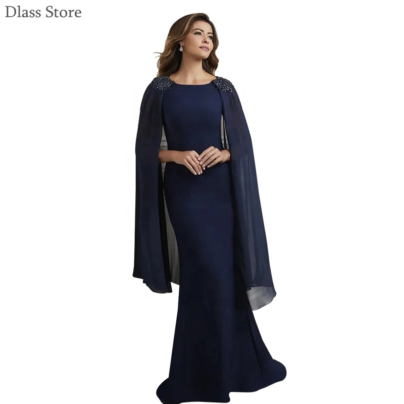 

Elegant Navy Blue Mother Of Tthe Bride Dresses Mermaid Beading Wrap Sweep Train Plus Size Custom O-neck Evening Dresses