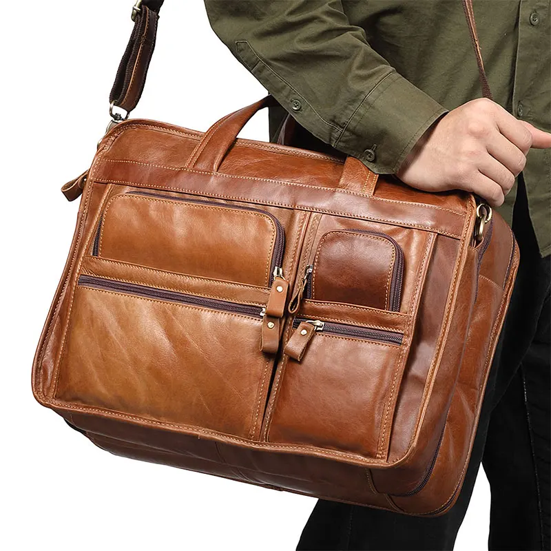 Functional Handbag for Men Genuine Leather Briefcase Business Travel Shoulder Bag Male 14\