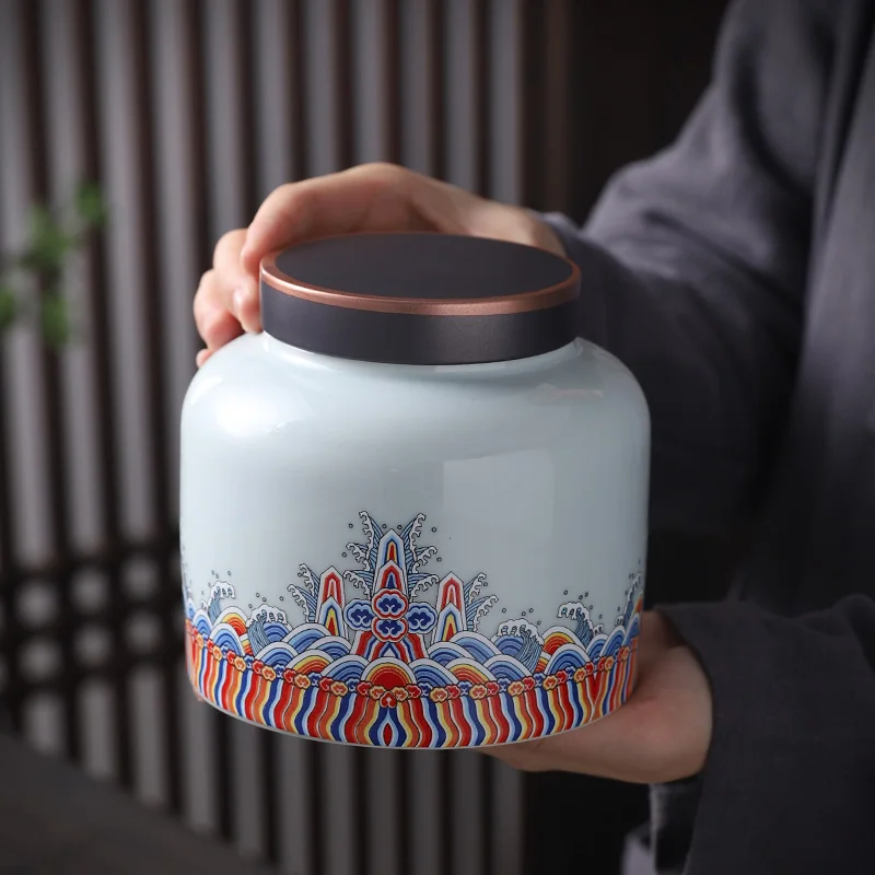 Landscape Painting Ceramic Tea Caddy Moisture-proof Sealed Storage Jar Bottle Kitchen Food Storage Container Desktop Decoration