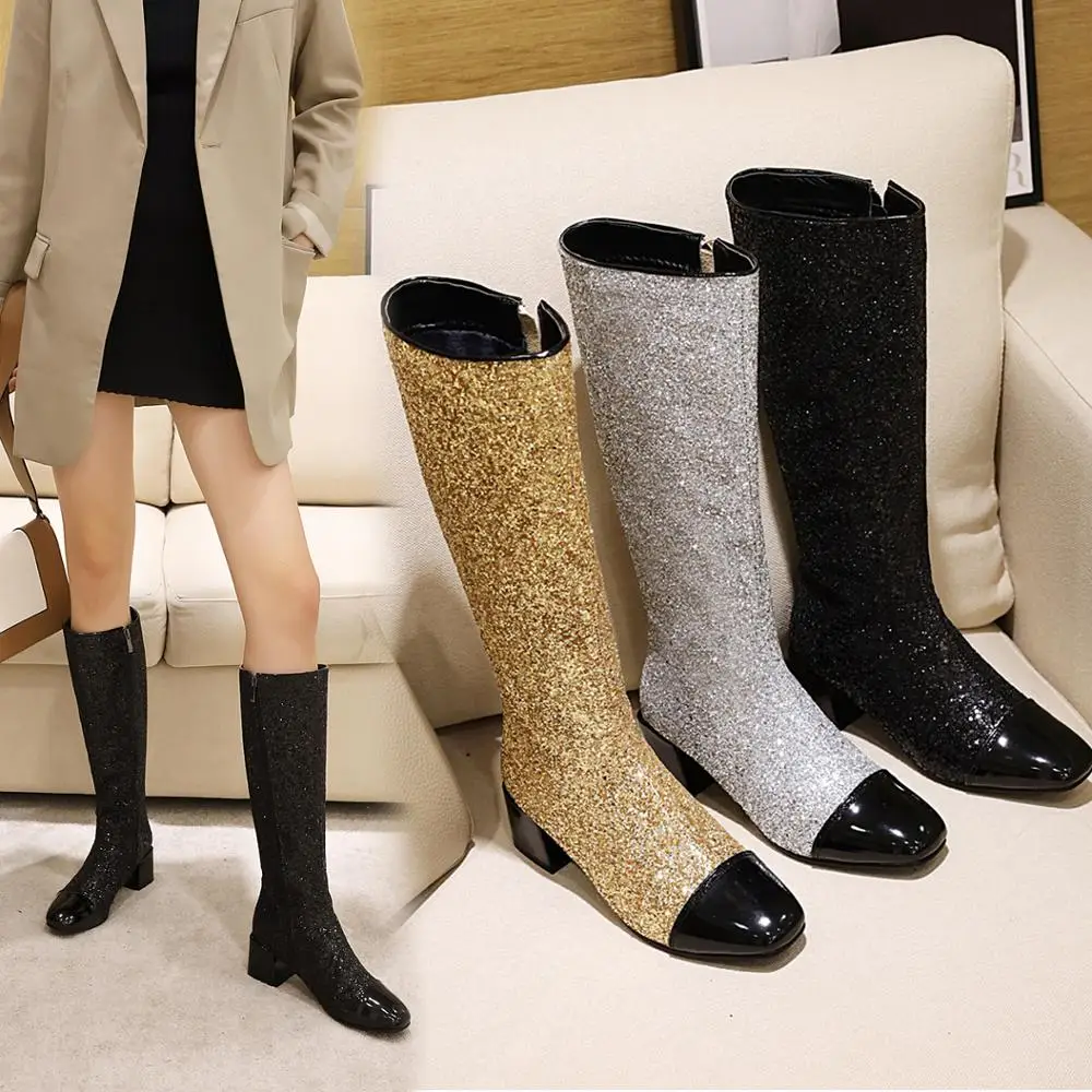 Glitter Stitching Patent Leather Knee-Length Boots Sequined Thick Heel Square Toe Shiny Women\'s Boots Winter Short Plush Shoes